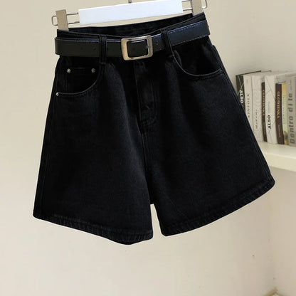 Women High Waist Denim Shorts Summer Chic Streetwear Female Casual Wide Leg Short Pants Solid Color Lady Loose Straight Shorts