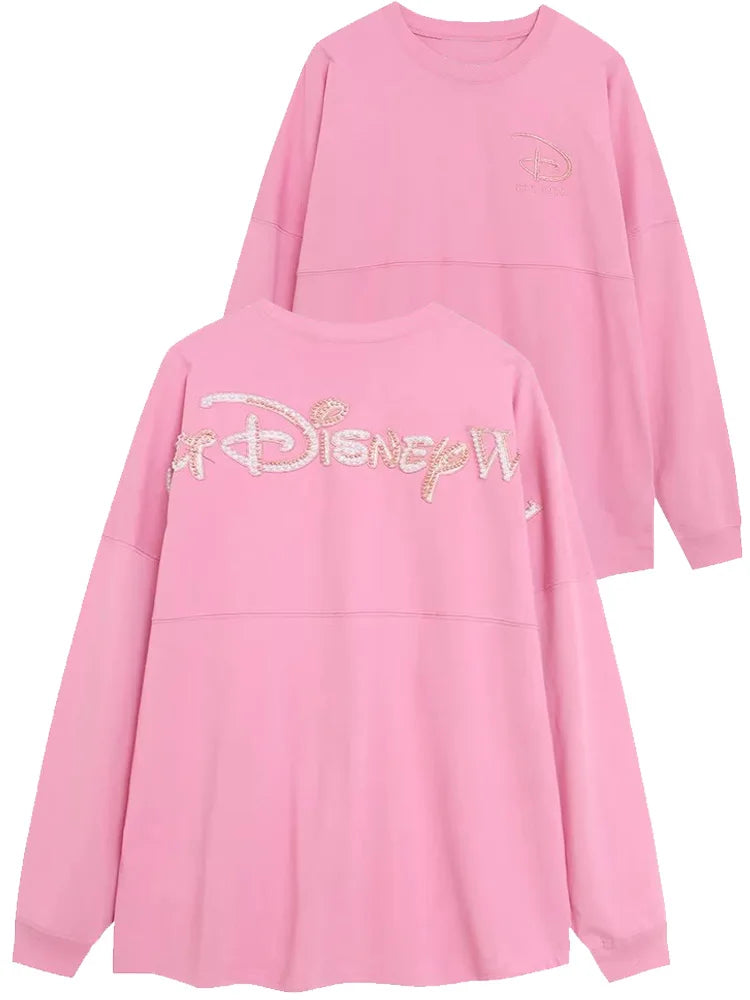 Disney Pink Disneyland Letter Embroidery Cartoon Sequins Pearl Cute Print Sweatshirt Glitter Women Jumper Fleece Pullover Unisex
