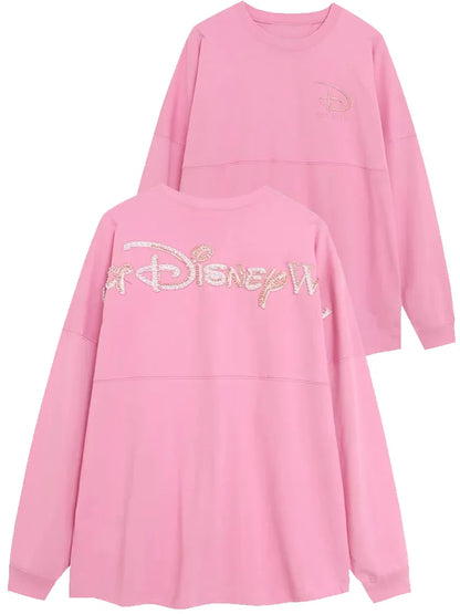 Disney Pink Disneyland Letter Embroidery Cartoon Sequins Pearl Cute Print Sweatshirt Glitter Women Jumper Fleece Pullover Unisex