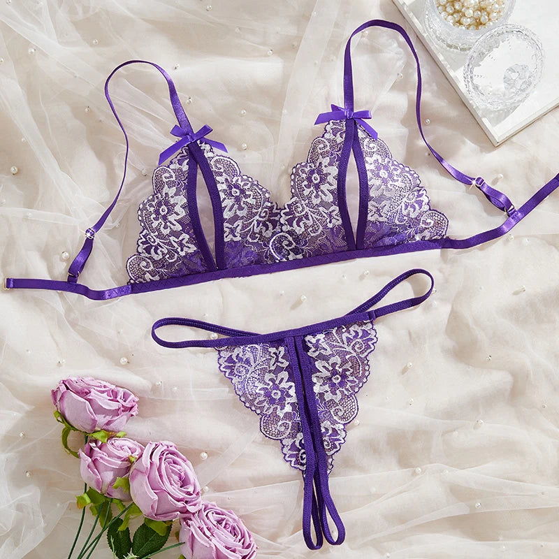 Floral Lace Bra Set Bow Intimates Bra And Thongs Sets Outfit Women's Underwear Set