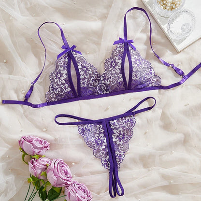 Floral Lace Bra Set Bow Intimates Bra And Thongs Sets Outfit Women's Underwear Set