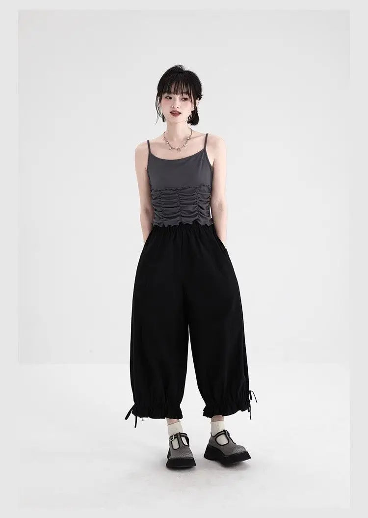 Women's Black High Waist Wide Leg Pants Drawstring Cuff Ruffled Casual Trousers