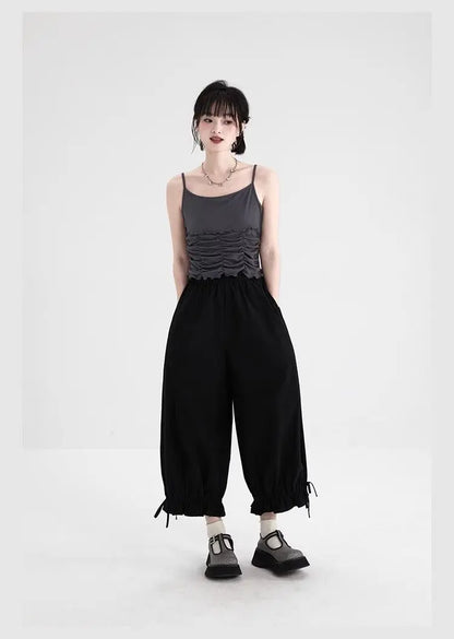 Women's Black High Waist Wide Leg Pants Drawstring Cuff Ruffled Casual Trousers