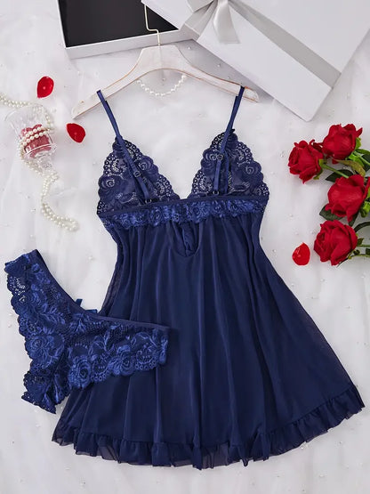 Blue Contrast Lace Ruffle Trim Lingerie Set Women's Nightdress See Through Deep V Mini Dress and Thong Nightgowns Underwear