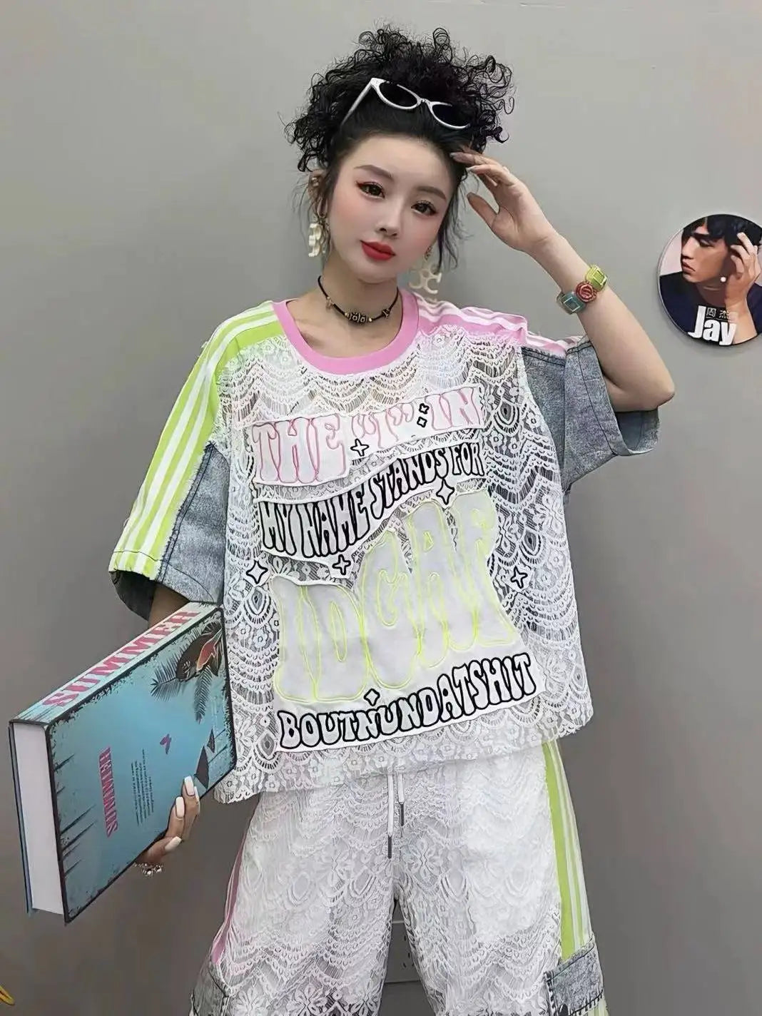 Fashion Women Denim Splicing Printed Contrast Color Short Sleeve Loose LongCasual Streetwear Outfit top