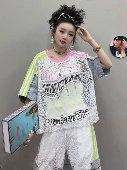 Fashion Women Denim Splicing Printed Contrast Color Short Sleeve Loose LongCasual Streetwear Outfit top