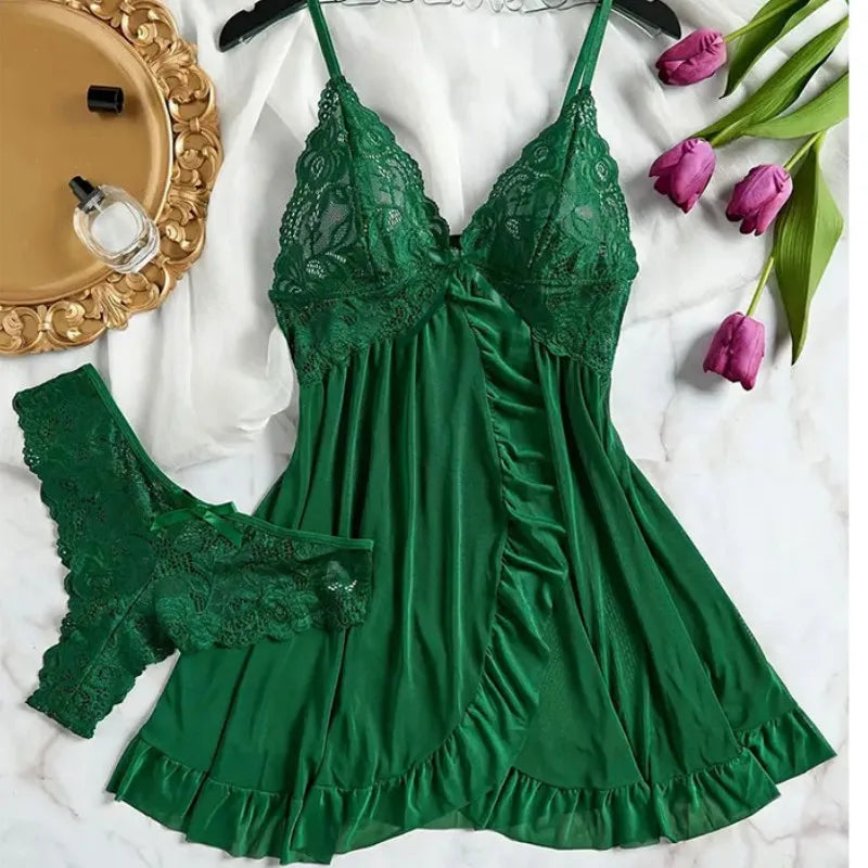 Blue Contrast Lace Ruffle Trim Lingerie Set Women's Nightdress See Through Deep V Mini Dress and Thong Nightgowns Underwear