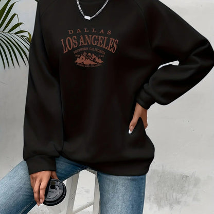 Women's autumn and winter casual wide pine mountain and letter pattern print warm and velvet long sleeved round neck sweatshirt