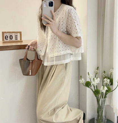 Korean style Hollow Out Patchwork Shirts Women Summer Loose O Neck Buttons Tops Y2K Fashion Casual Fake Two Pieces Shirts