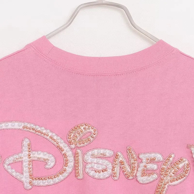 Disney World Letter Mickey Mouse Cartoon Print Embroidery Flares Pearl Pink Sweatshirt Sweet Women Long Sleeve Loose Jumper Tops