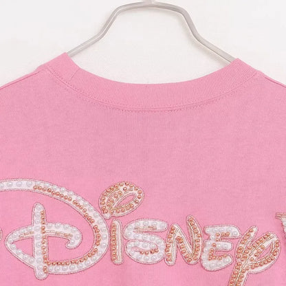 Disney World Letter Mickey Mouse Cartoon Print Embroidery Flares Pearl Pink Sweatshirt Sweet Women Long Sleeve Loose Jumper Tops