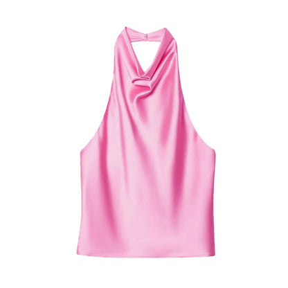 MUJER 2025 Halter Tops for Women Black Satin Backless Top Female Pink Summer Beach Top Woman off Shoulder Camisole Top Women