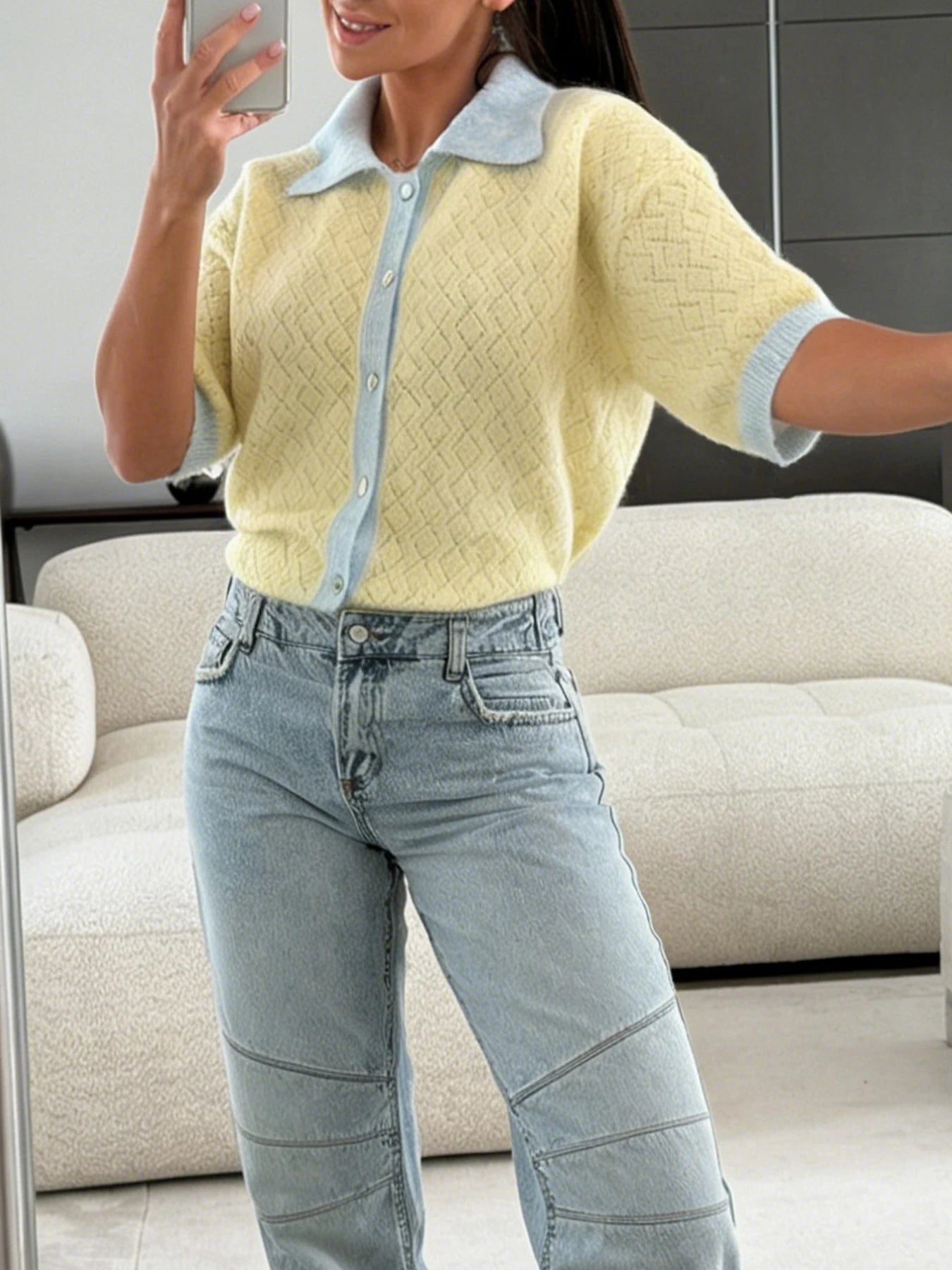 New Fashion Color Contrasting Knitted Shirt Summer Thin Cut Hollow out Diamond Grid Polo Shirt Versatile Short Sleeve Cardigan