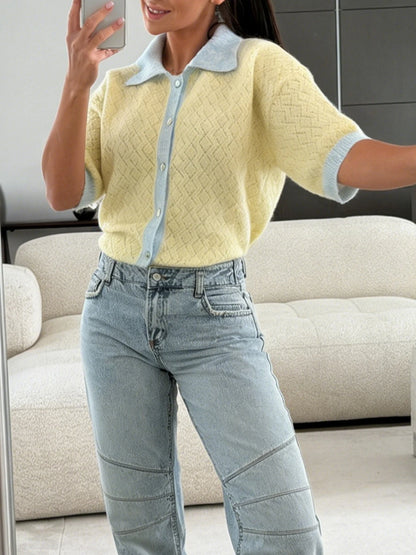 New Fashion Color Contrasting Knitted Shirt Summer Thin Cut Hollow out Diamond Grid Polo Shirt Versatile Short Sleeve Cardigan