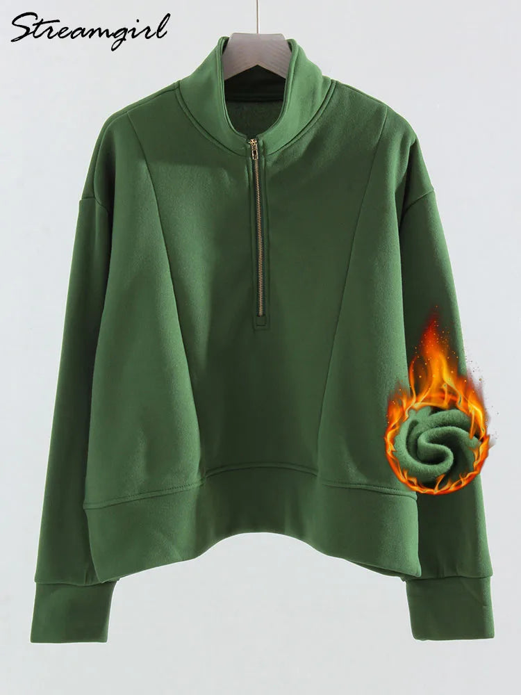 Winter Velvet Sweatshirt For Women With Half Zipper Coats Basic Green Oversize Warm Fleece Half Zip Up Sweatshirt Pullover Women