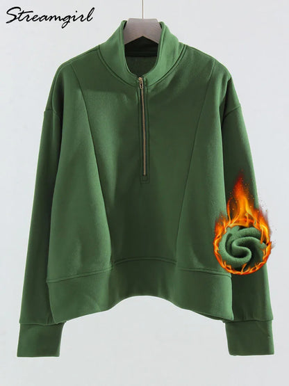 Winter Velvet Sweatshirt For Women With Half Zipper Coats Basic Green Oversize Warm Fleece Half Zip Up Sweatshirt Pullover Women