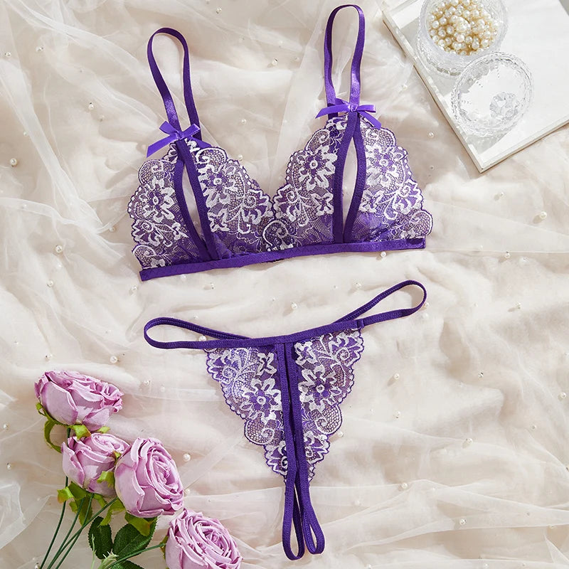 Floral Lace Bra Set Bow Intimates Bra And Thongs Sets Outfit Women's Underwear Set