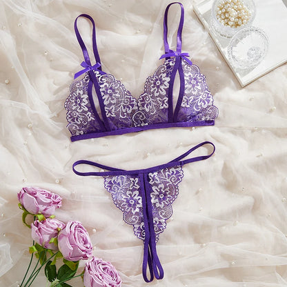 Floral Lace Bra Set Bow Intimates Bra And Thongs Sets Outfit Women's Underwear Set