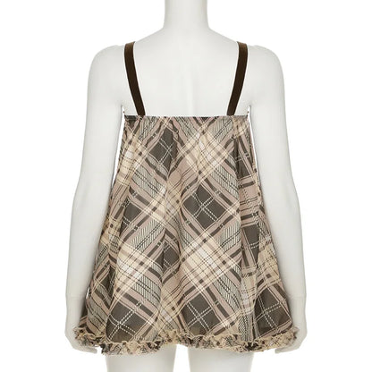 Y2K Bow Contrast Checked Tank Top Vintage Sleeveless V-neck Cute Camis Tops A-line Sweet Style Vest Summer Outfits