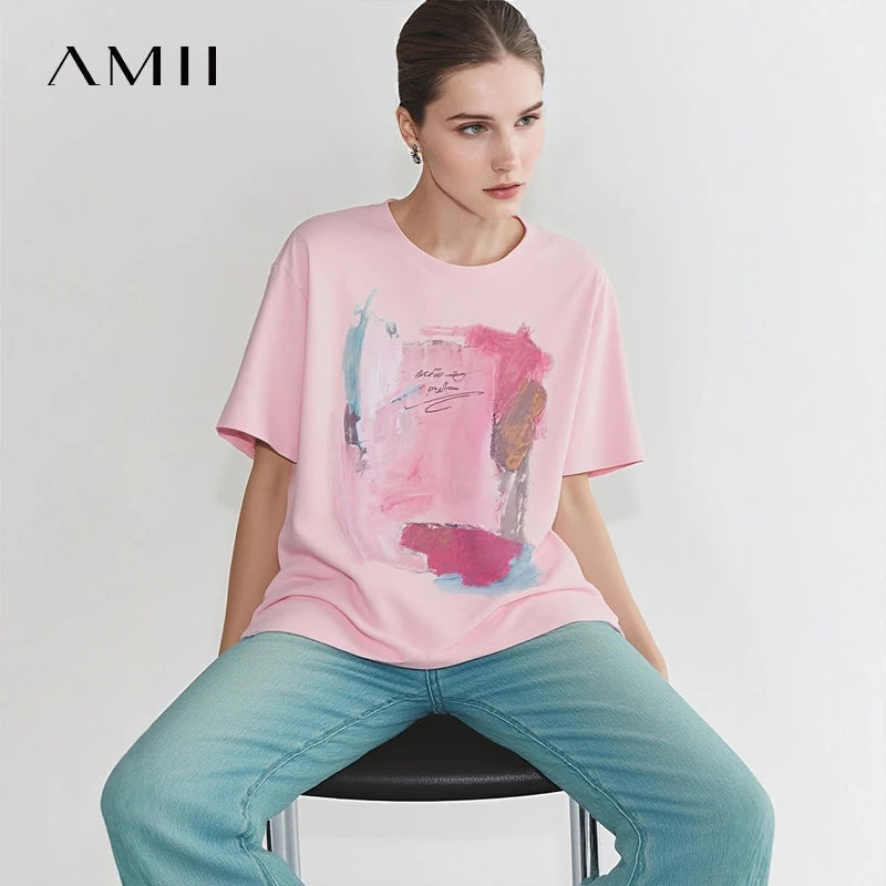 Amii Women's T-Shirt 2026 Summer New Cotton O-Neck Drop Shoulder Tee Casual Printed Loose Short Sleeve Top For Women 12642030