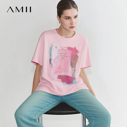 Amii Women's T-Shirt 2026 Summer New Cotton O-Neck Drop Shoulder Tee Casual Printed Loose Short Sleeve Top For Women 12642030