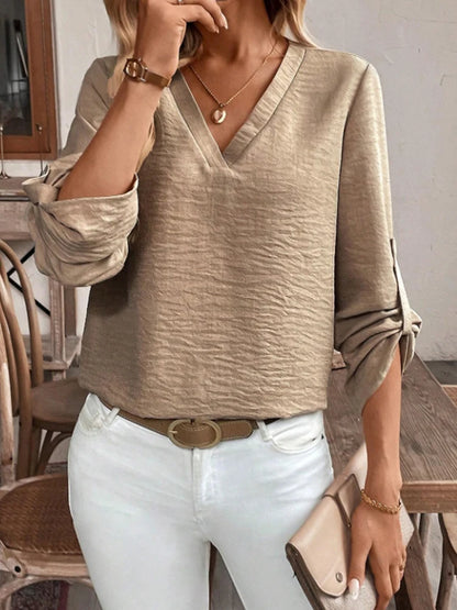 Ladies Elegant Simple V-Neck Commute Pure Color Cuffed Sleeve Casual Sophisticated Shirt Office Wear Casual Fashion