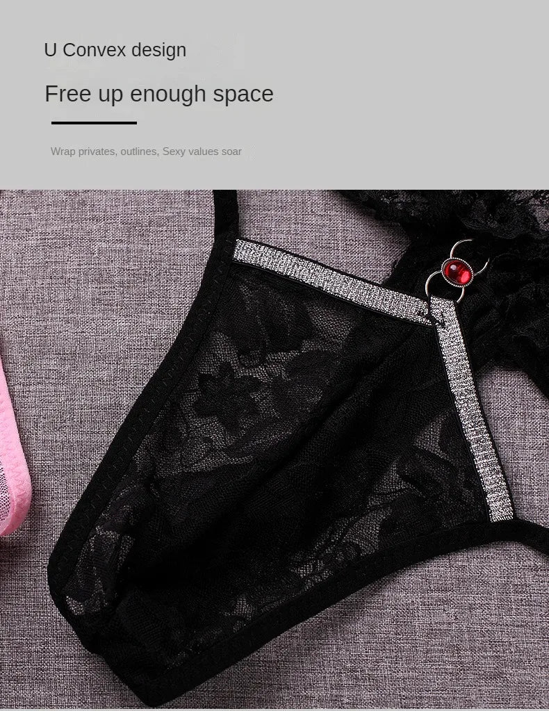 Men Sexy Thong Lace Sheer Underwear Tanga Hombre Man Panties Sissy Erotic Lingerie G String Ultra-Thin Rhinestone Underpants