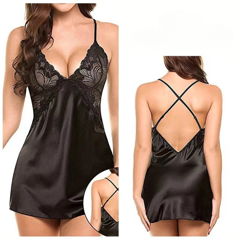 Hot Lingerie Porno Nightdress Sexy Sleepwear Large Size Night Dress Babydoll Women Satin Nightwear Erotic Lace Underwear Pajamas