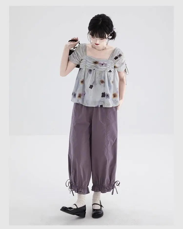 Women's Black High Waist Wide Leg Pants Drawstring Cuff Ruffled Casual Trousers
