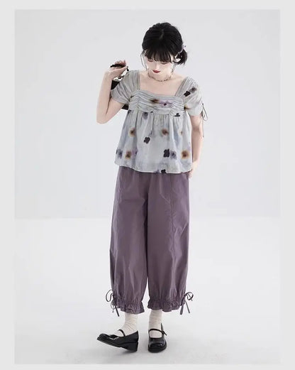 Women's Black High Waist Wide Leg Pants Drawstring Cuff Ruffled Casual Trousers